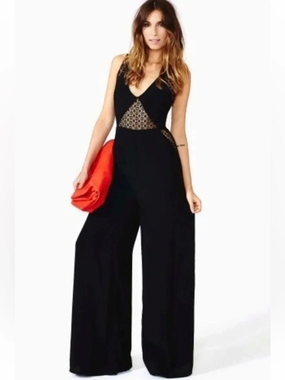 NASTY GAL 00s Era Black Backless Wide-Leg Vaca Jumpsuit Sz S Crochet Lace EUC - Picture 1 of 8